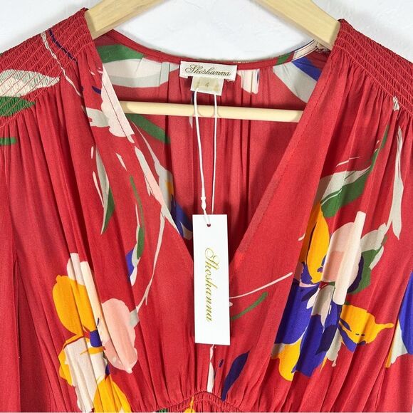 Shoshanna Emanuela Floral Smocked Waist Midi Dress V Neck Long Sleeve Red 4 NWT - Picture 12 of 16